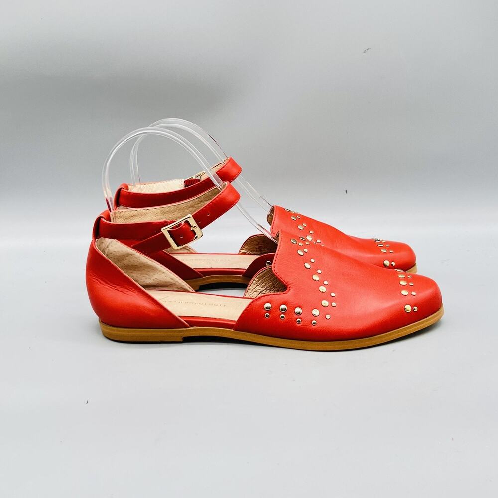 Anthropologie Shoes Womens 7 Red Leather Studded Mary Jane Flats Ankle Strap